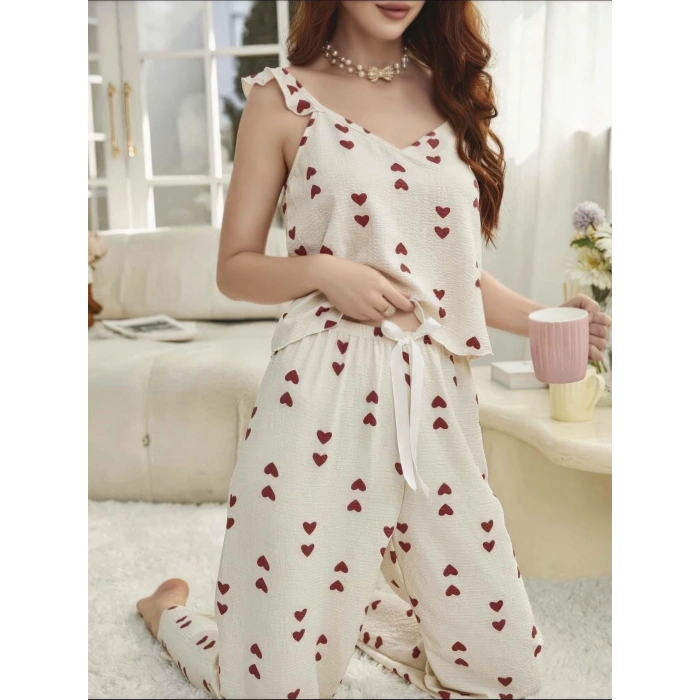 Kadın Ekru Kırmızı Kalp Desenli Yumuşak Pamuklu Uzun Pijama Takımı 5136
