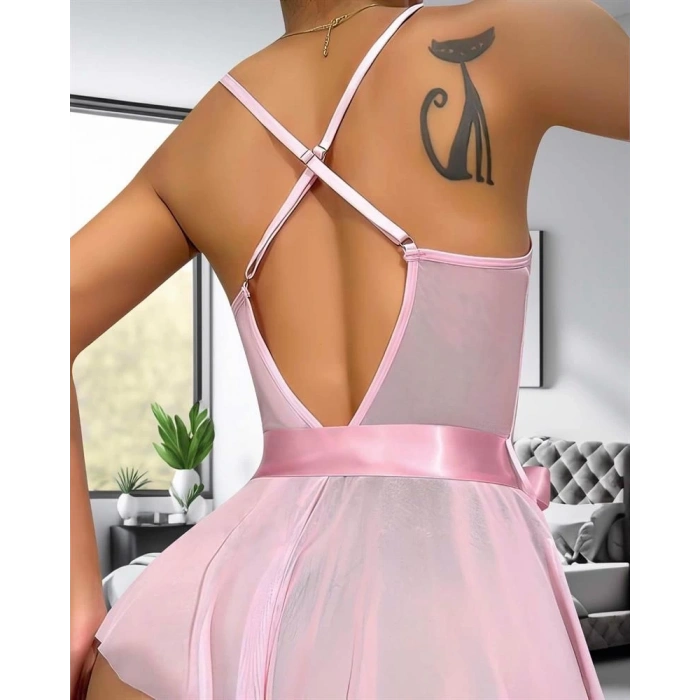 Kadın Fantezi Babydoll Dantel Gecelik Pembe