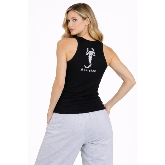 Kadın Fitilli Atlet Sıfır Yaka Slim Fit Arka Baskılı Spor Atlet - Siyah