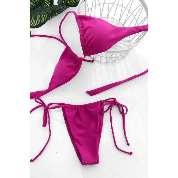 Kadın Fuşya Yandan Bağlamalı Tangalı Üçgen Bikini Mayo Takımı