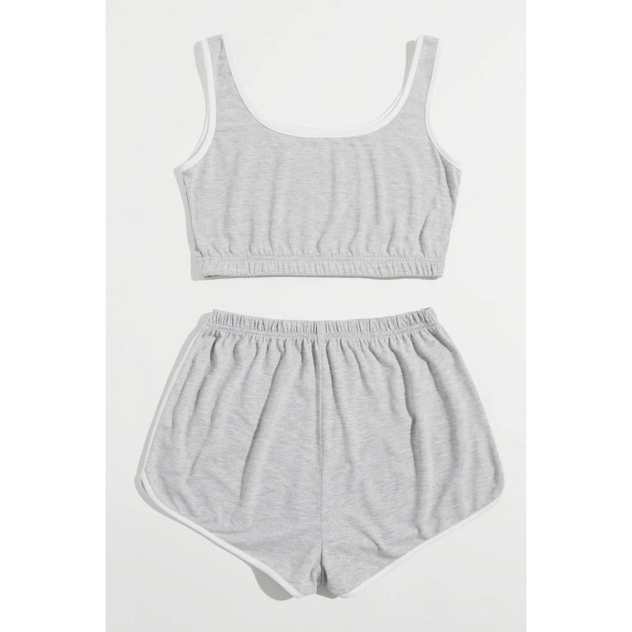 Kadın Gri Askılı Crop Top Ve Şortlu Gecelik Takım