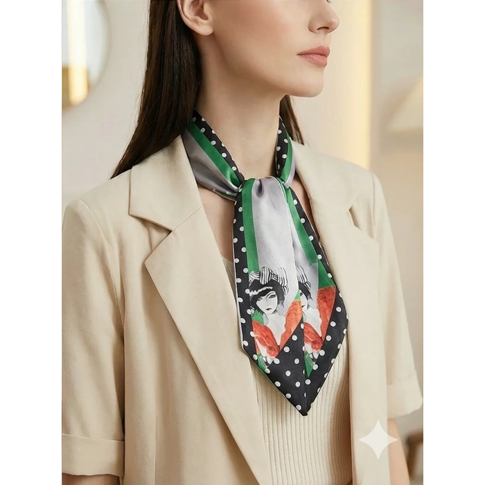 Kadın Gri Gotik Kadın Desenli Geometrik Desenli Fular– Ofis ve Günlük Stil – Şık Hediye Seçeneği