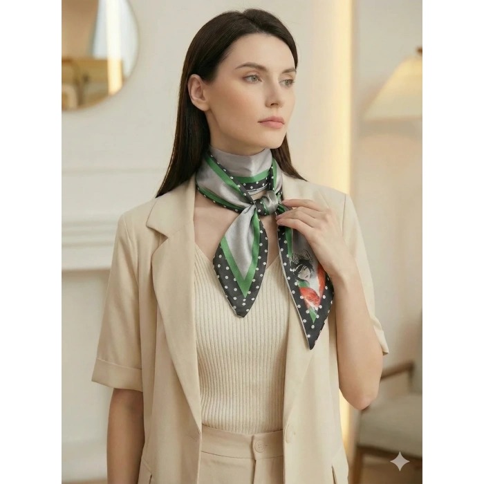 Kadın Gri Gotik Kadın Desenli Geometrik Desenli Fular– Ofis ve Günlük Stil – Şık Hediye Seçeneği