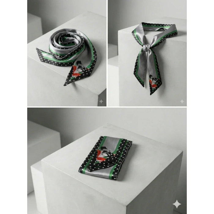 Kadın Gri Gotik Kadın Desenli Geometrik Desenli Fular– Ofis ve Günlük Stil – Şık Hediye Seçeneği