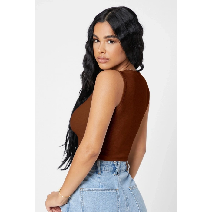 Kadın Kahverengi Kare Yaka Crop Top Bluz
