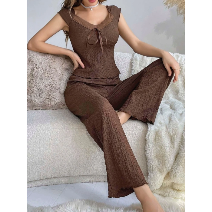 Kadın Kahverengi Kurdela Detaylı Yumuşak Pamuklu Uzun Pijama Takımı 5135
