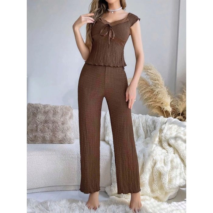 Kadın Kahverengi Kurdela Detaylı Yumuşak Pamuklu Uzun Pijama Takımı 5135