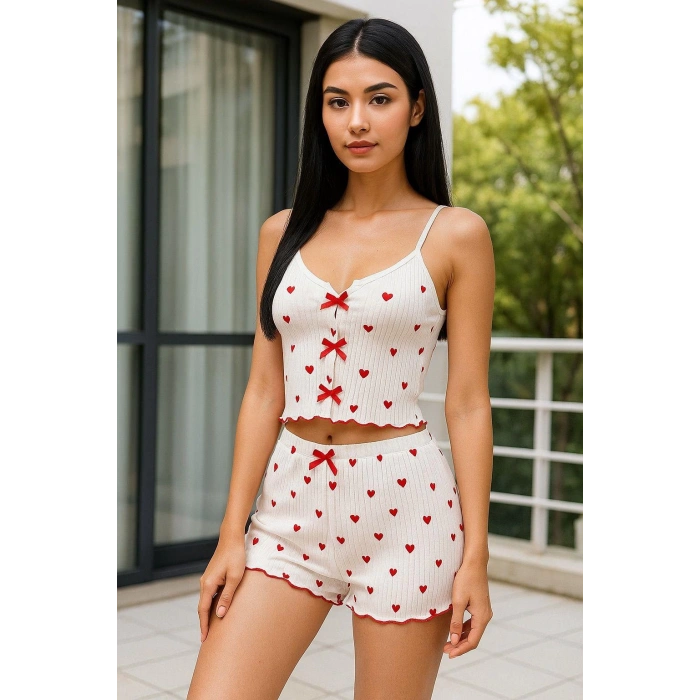 Kadın Kalp desenli Şortlu Pijama takımı