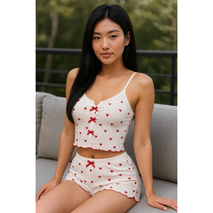 Kadın Kalp desenli Şortlu Pijama takımı