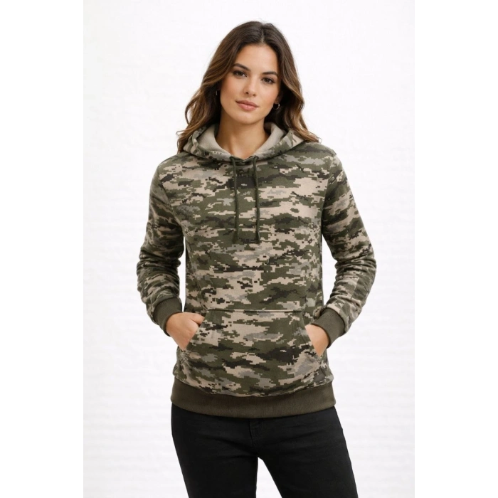 Kadın Kamuflaj Desenli 2 İplik 4 Mevsim Kapüşonlu Kanguru Cepli Hoodie Sweatshirt - Kamuflaj