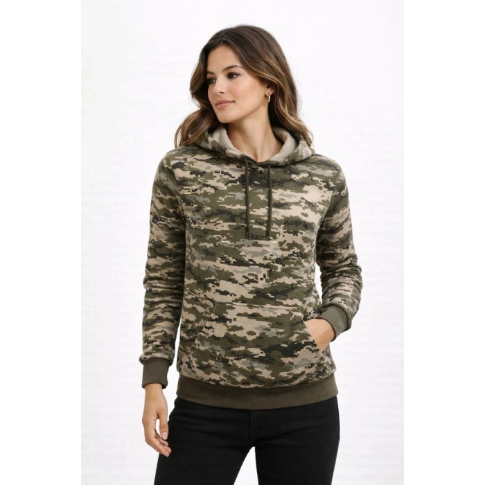 Kadın Kamuflaj Desenli 2 İplik 4 Mevsim Kapüşonlu Kanguru Cepli Hoodie Sweatshirt - Kamuflaj