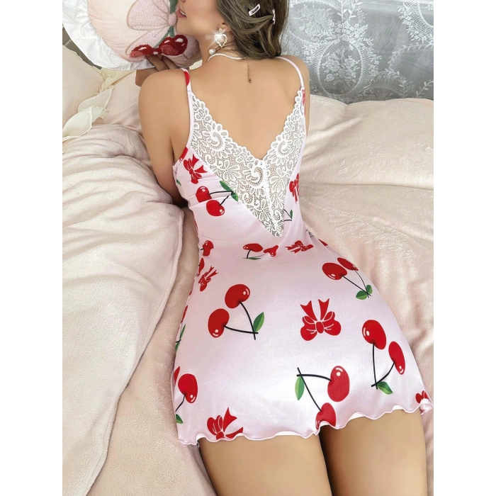 Kadın Kiraz  Desenli Dantel Detaylı  Askılı  Elbise 5067