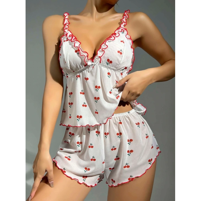 Kadın Kiraz Desenli Fırfırlı Şortlu Gecelik Takım 5101