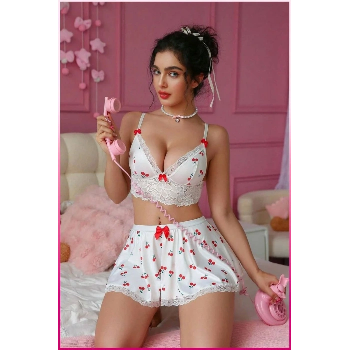 Kadın Kirazlı Fiyonklu Seksi Kostüm