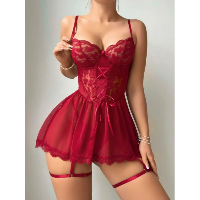 Kadın Kırmızı Dantel Detaylı Bağlamalı Fantezi Kostüm 2248