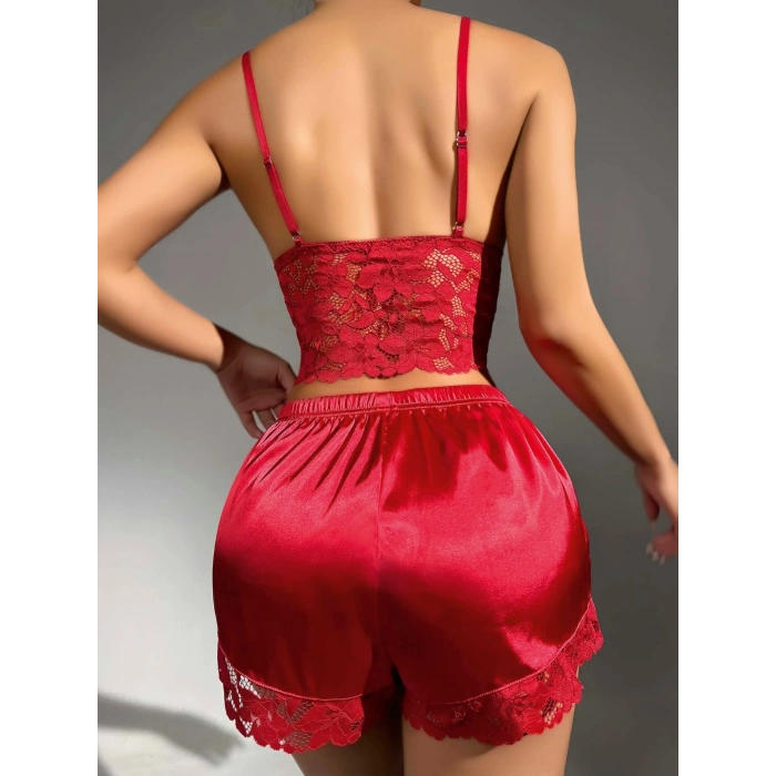 Kadın Kırmızı Dantel Detaylı Şortlu Takım Saten Gecelik 2293