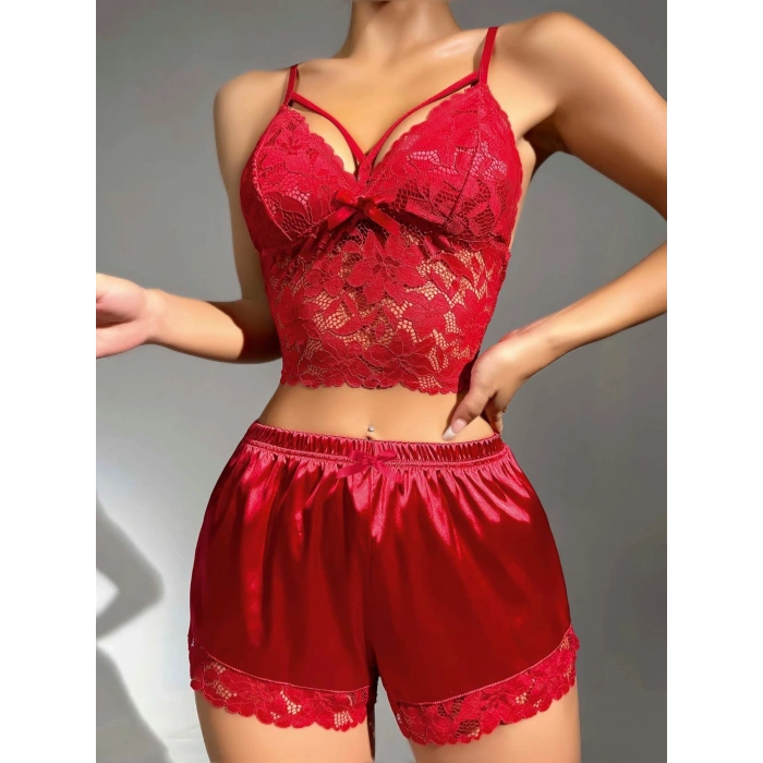 Kadın Kırmızı Dantel Detaylı Şortlu Takım Saten Gecelik 2293