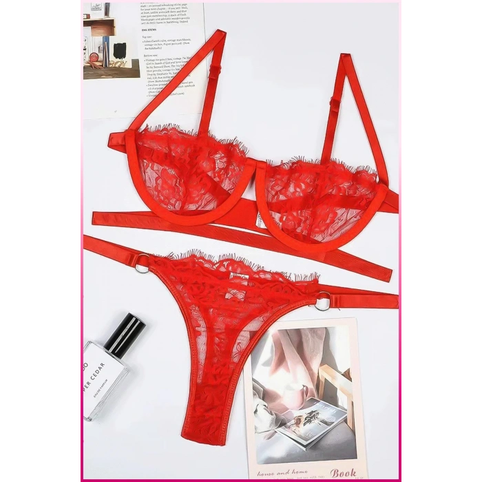 Kadın Kırmızı Dantelli Balenli  Sütyen Külot Takım