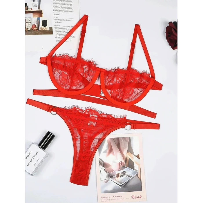 Kadın Kırmızı Dantelli Balenli  Sütyen Külot Takım