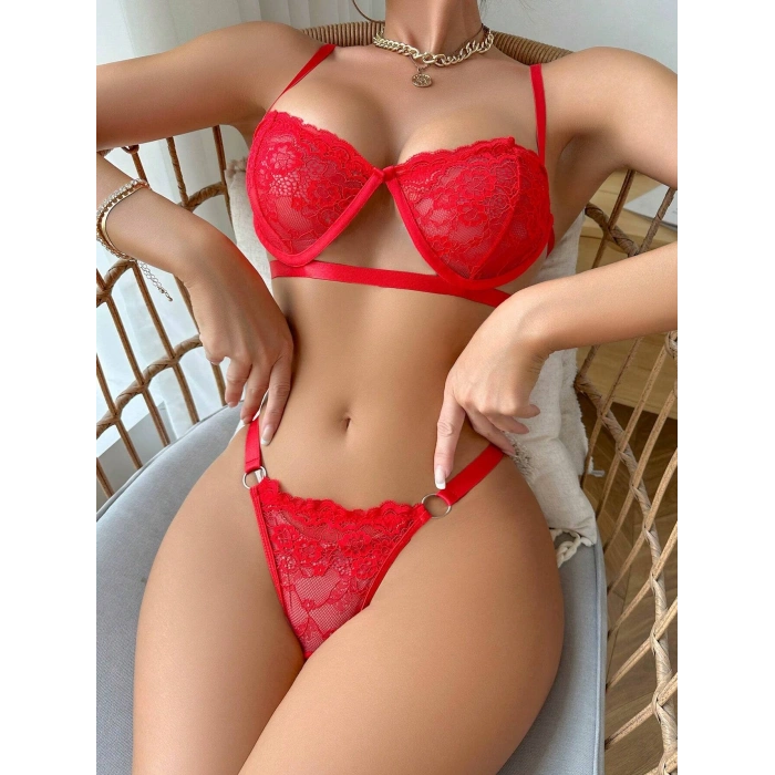 Kadın Kırmızı Dantelli Balenli  Sütyen Külot Takım