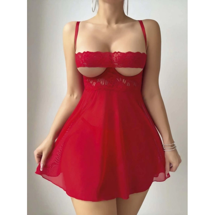 Kadın Kırmızı Fantazi Gecelik Tül Göğüs Dantel Dekolteli 2192