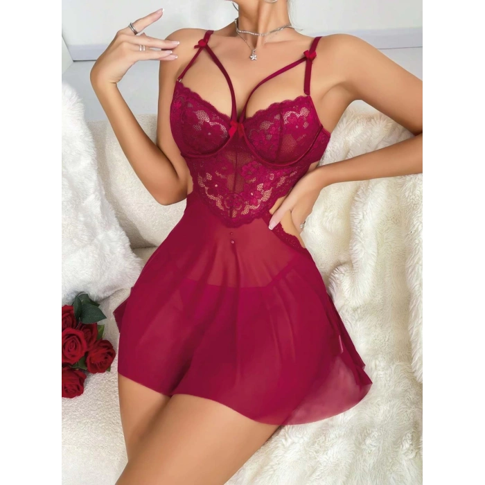 Kadın Kırmızı Fantazi Gecelik Tül Göğüs Dantel Dekolteli Fiyok detaylı 2162