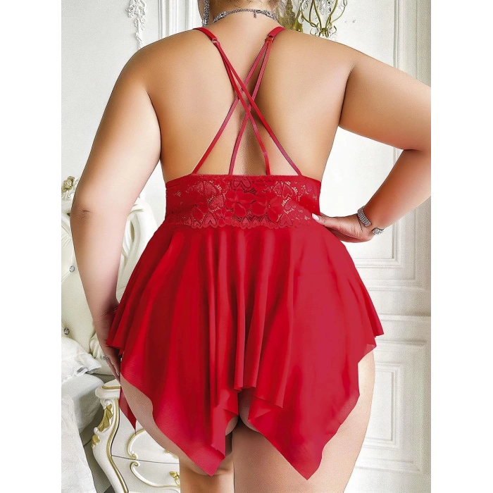 Kadın kırmızı fantezi büyük beden gecelik takımı