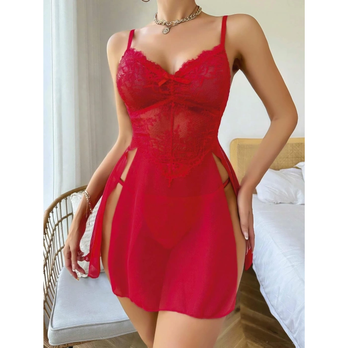 Kadın Kırmızı Fantezi Gecelik Tül Fiyonk detaylı Yanları Dekolteli 2160