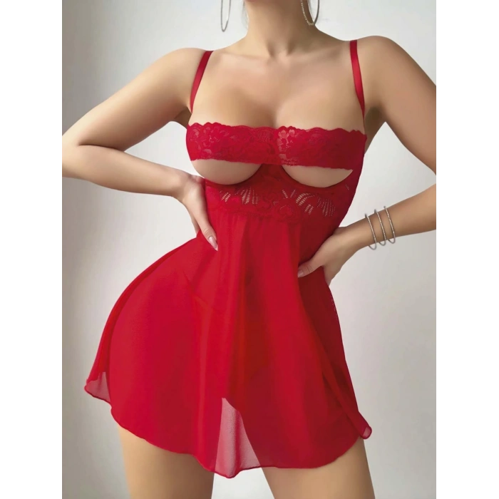 Kadın Kırmızı Fantezi Gecelik Tül Göğüs Dantel Dekolteli 2192