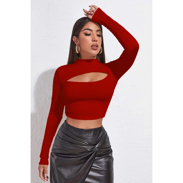 Kadın Kırmızı Göğüs Dekolteli Uzun Kollu Cut Out Crop Top Bluz