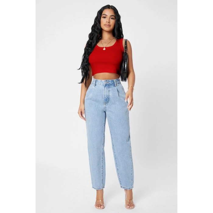 Kadın Kırmızı Kare Yaka Crop Top Bluz