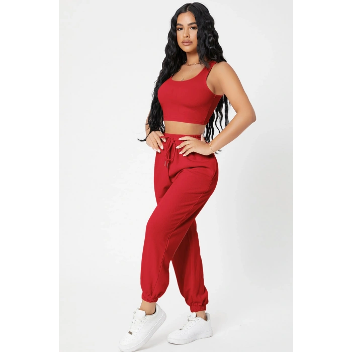 Kadın Kırmızı Kaşkorse Cepli Jogger Eşofman Altı Ve Crop Top Bluz