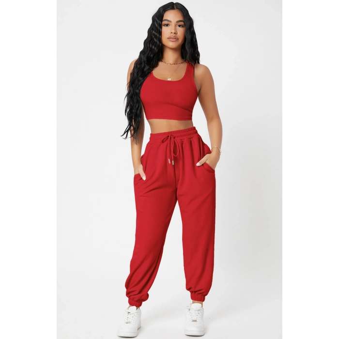 Kadın Kırmızı Kaşkorse Cepli Jogger Eşofman Altı Ve Crop Top Bluz