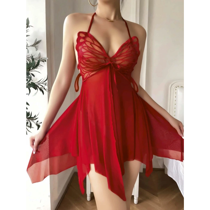 Kadın Kırmızı Kelebek Detaylı Tül Fantezi Gecelik 2246