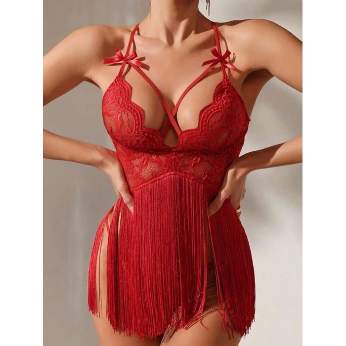 Kadın Kırmızı Püsküllü Fantezi Gecelik