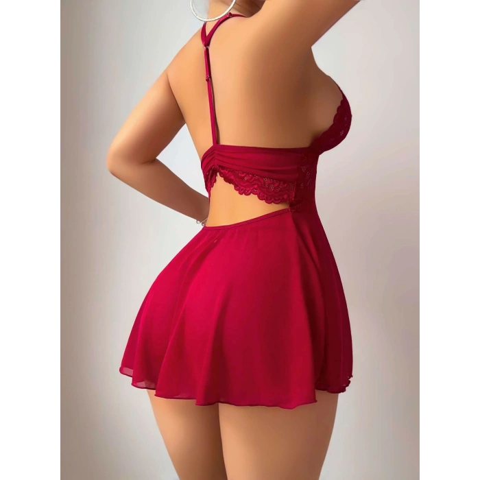 Kadın Kırmızı Sırtı Açık Transparan Fantezi Gecelik 2281