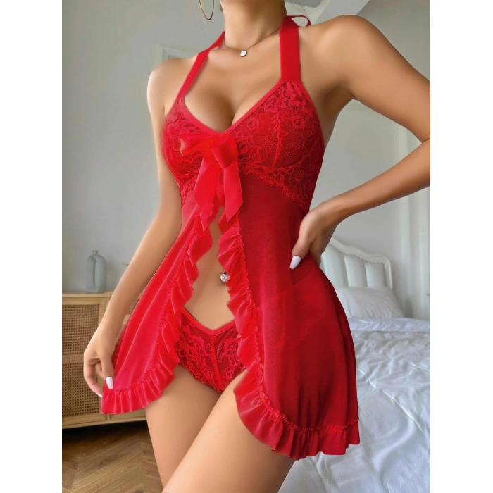 Kadın Kırmızı Transparan Fantezi Gecelik 2277