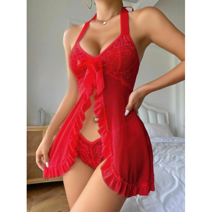 Kadın Kırmızı Transparan Fantezi Gecelik Şık Ve Çekici Tasarım