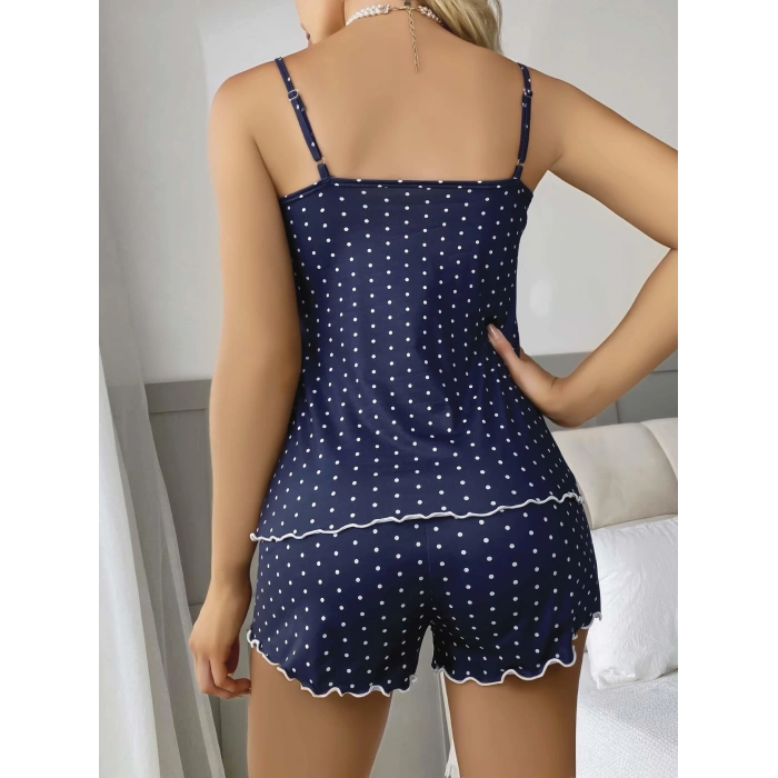 Kadın Lacivert Dantel Detaylı Beyaz Noktalı Şortlu Gecelik Pijama Takımı 5049