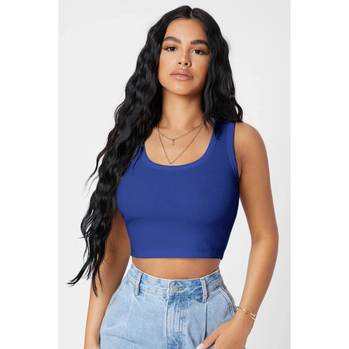 Kadın Lacivert Kare Yaka Crop Top Bluz