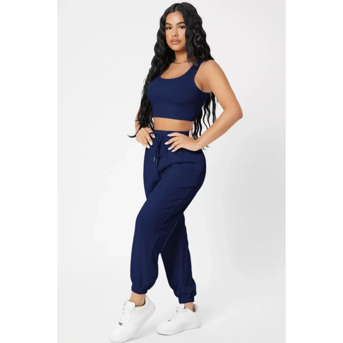 Kadın Lacivert Kaşkorse Cepli Jogger Eşofman Altı Ve Crop Top Bluz