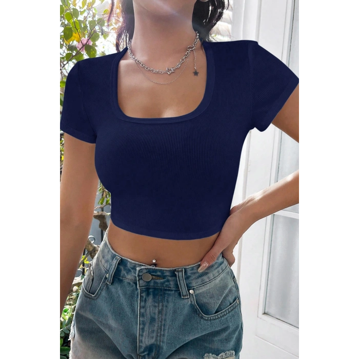 Kadın Lacivert Yarım Kol Düz Yaka Crop Top Bluz