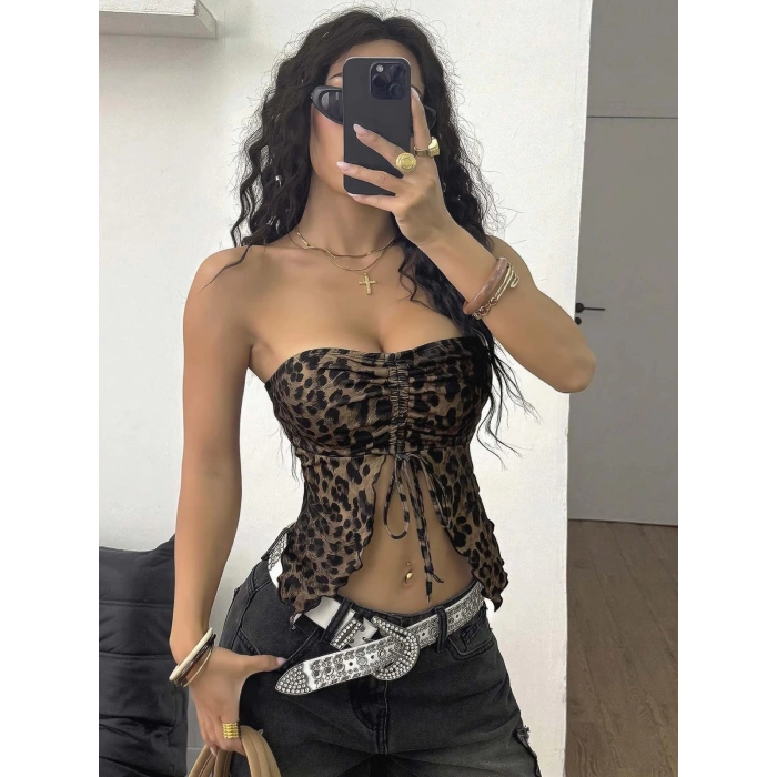 Kadın Leopar Desenli Crop Önden Büzgü detaylı 5096