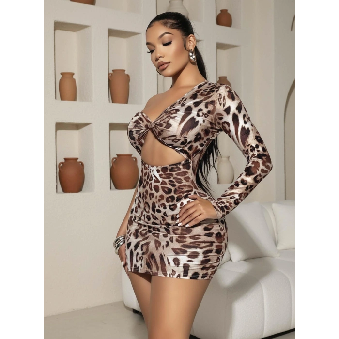 Kadın Leopar Desenli Tek Omuzlu Oyuk Detaylı Bükümlü Seksi Mini Elbise