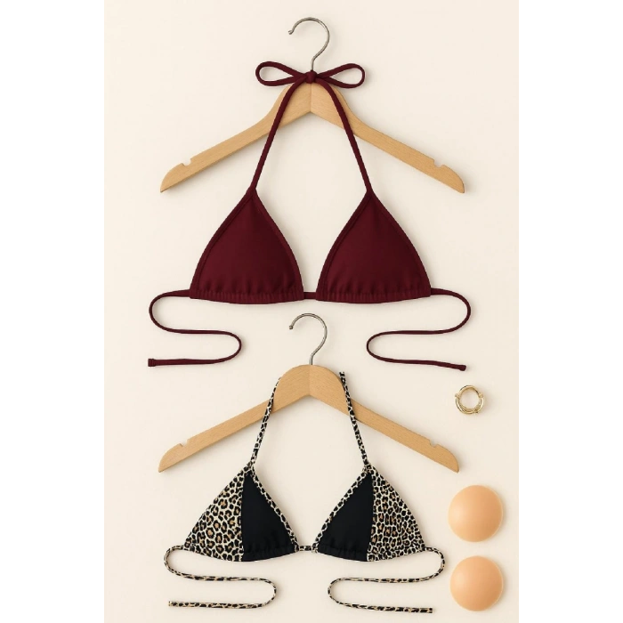Kadın Leopar Desenli Ve Bordo Minimal Kesim Üçgen Bikini Üstü