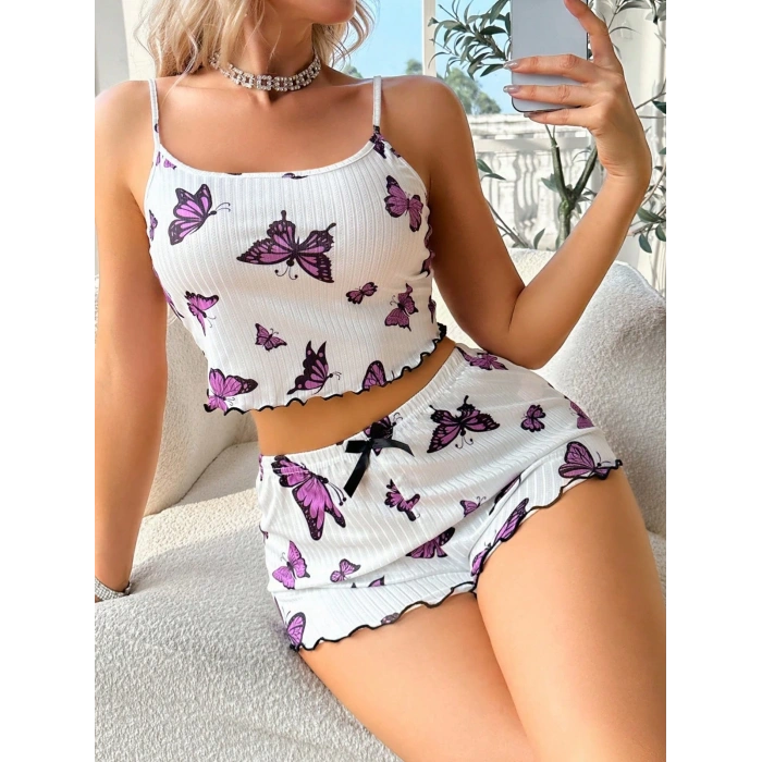 Kadın Lila Kebek Desenli Mini Şortlu Takım