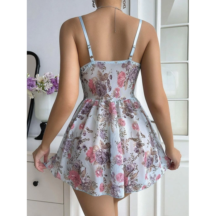 Kadın mavi çiçek desenli fantezi tül gecelik