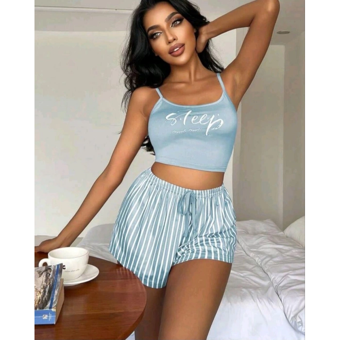 Kadın Mavi Çizgili Desenli Askılı Şortlu Pijama Takım 5001