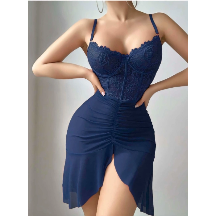 Kadın Mavi Transparan Dantel Detaylı Tül Fantezi Gecelik 2242