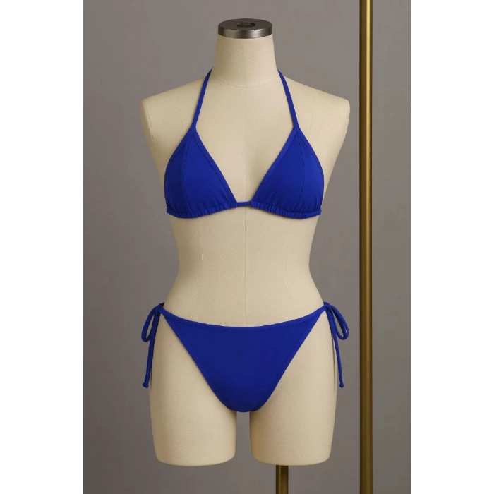 Kadın Mavi Yandan Ve Boyundan Bağlamalı Bikini Mayo Takımı